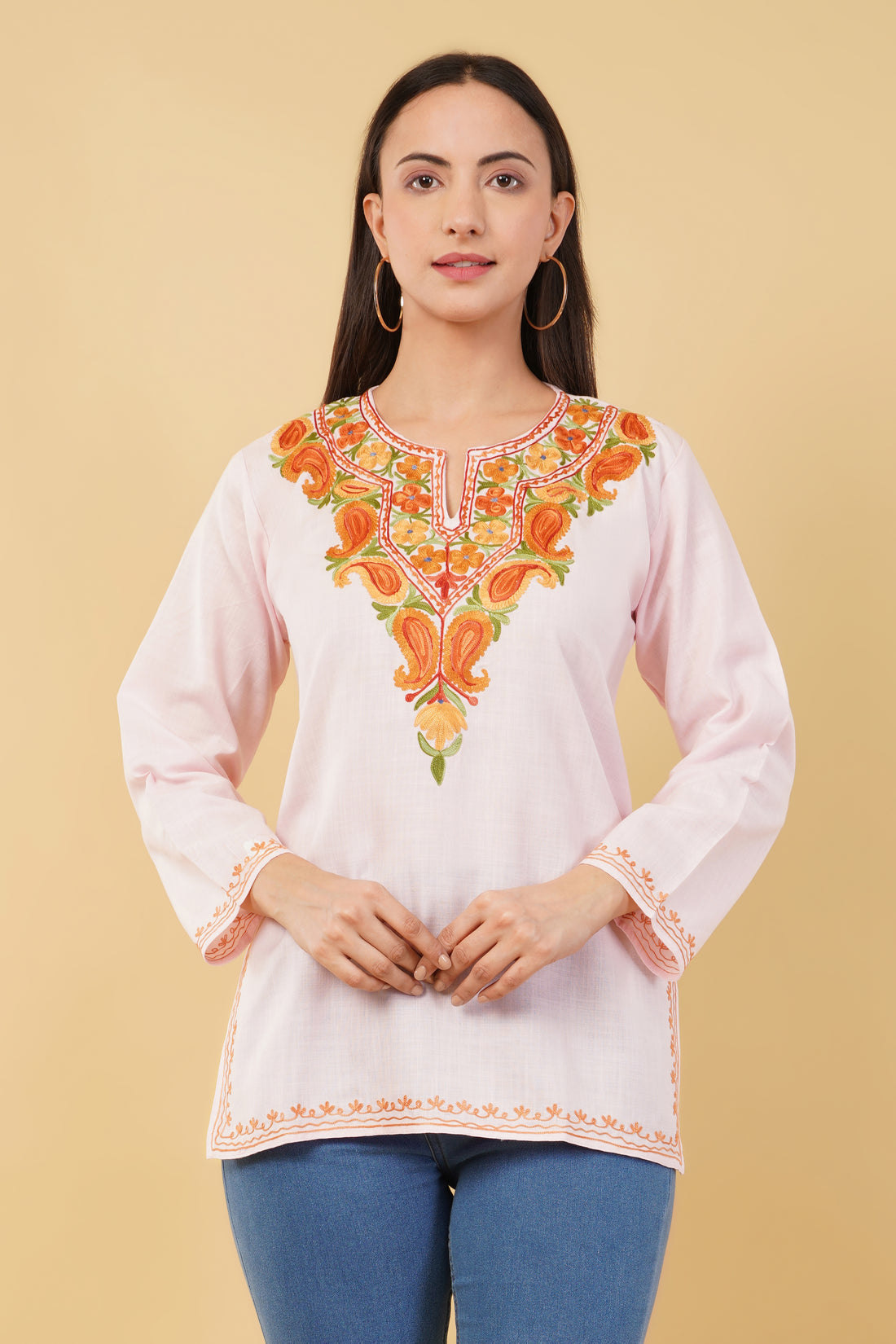 Kashmiri Aari embroidery Cotton Short Kurti Size-36 (Baby Pink)
