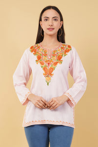 Kashmiri Aari embroidery Cotton Short Kurti Size-36 (Baby Pink)