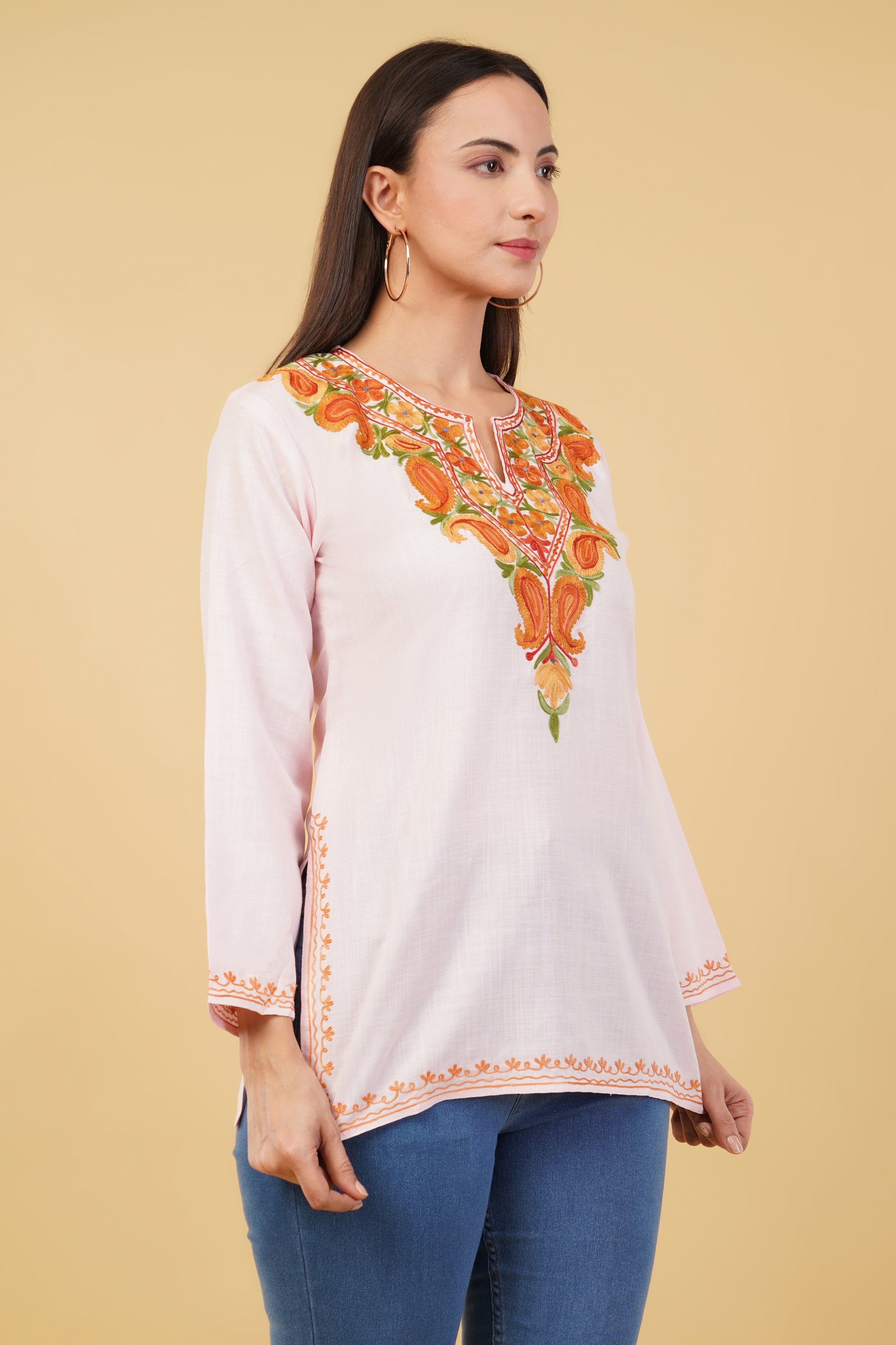 Kashmiri Aari embroidery Cotton Short Kurti Size-36 (Baby Pink)