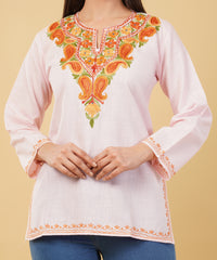 Kashmiri Aari embroidery Cotton Short Kurti Size-36 (Baby Pink)
