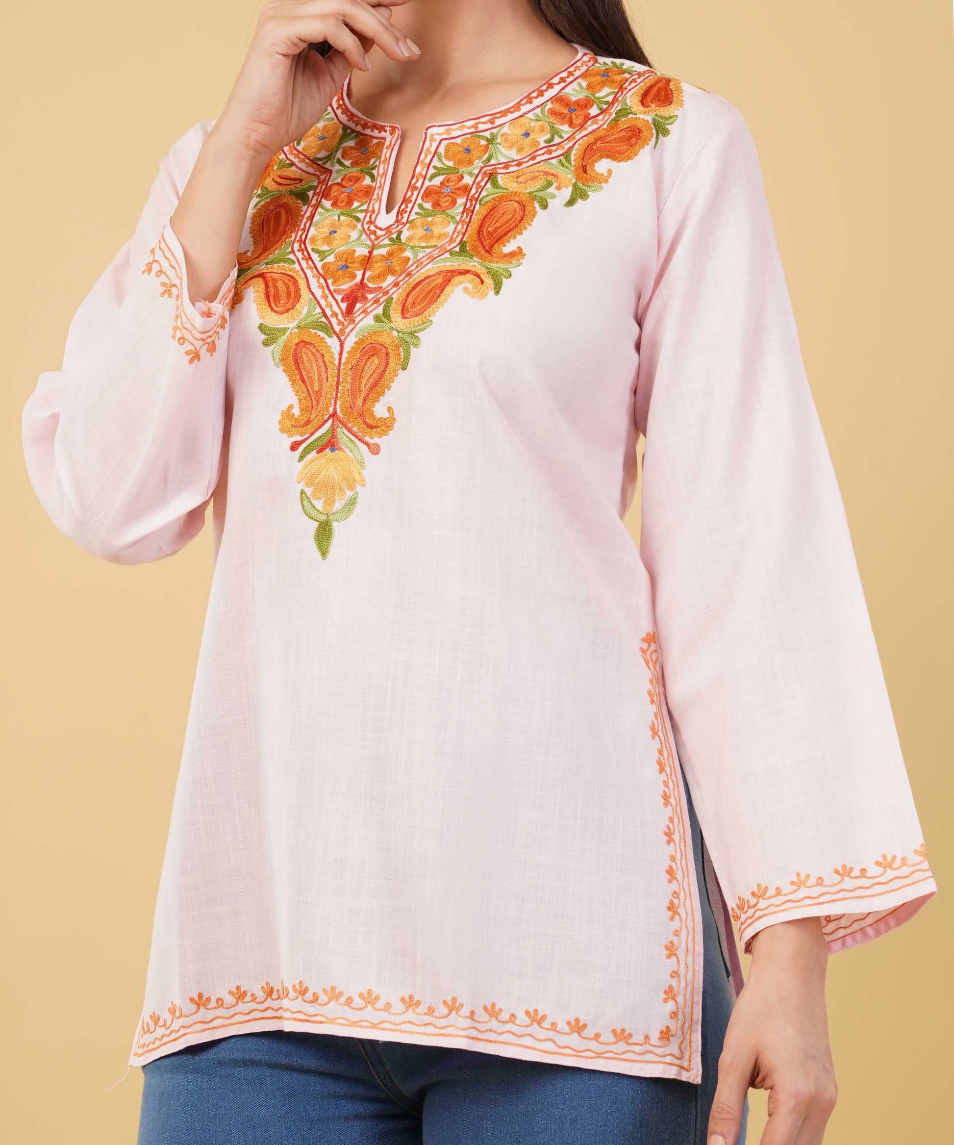 Kashmiri Aari embroidery Cotton Short Kurti Size-36 (Baby Pink)