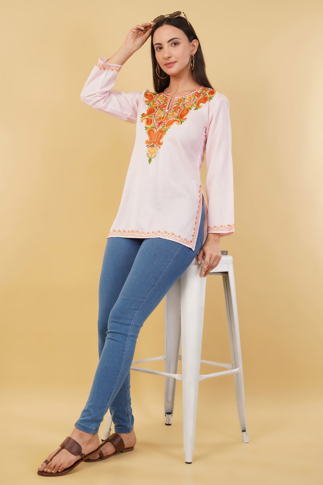 Kashmiri Aari embroidery Cotton Short Kurti Size-36 (Baby Pink)