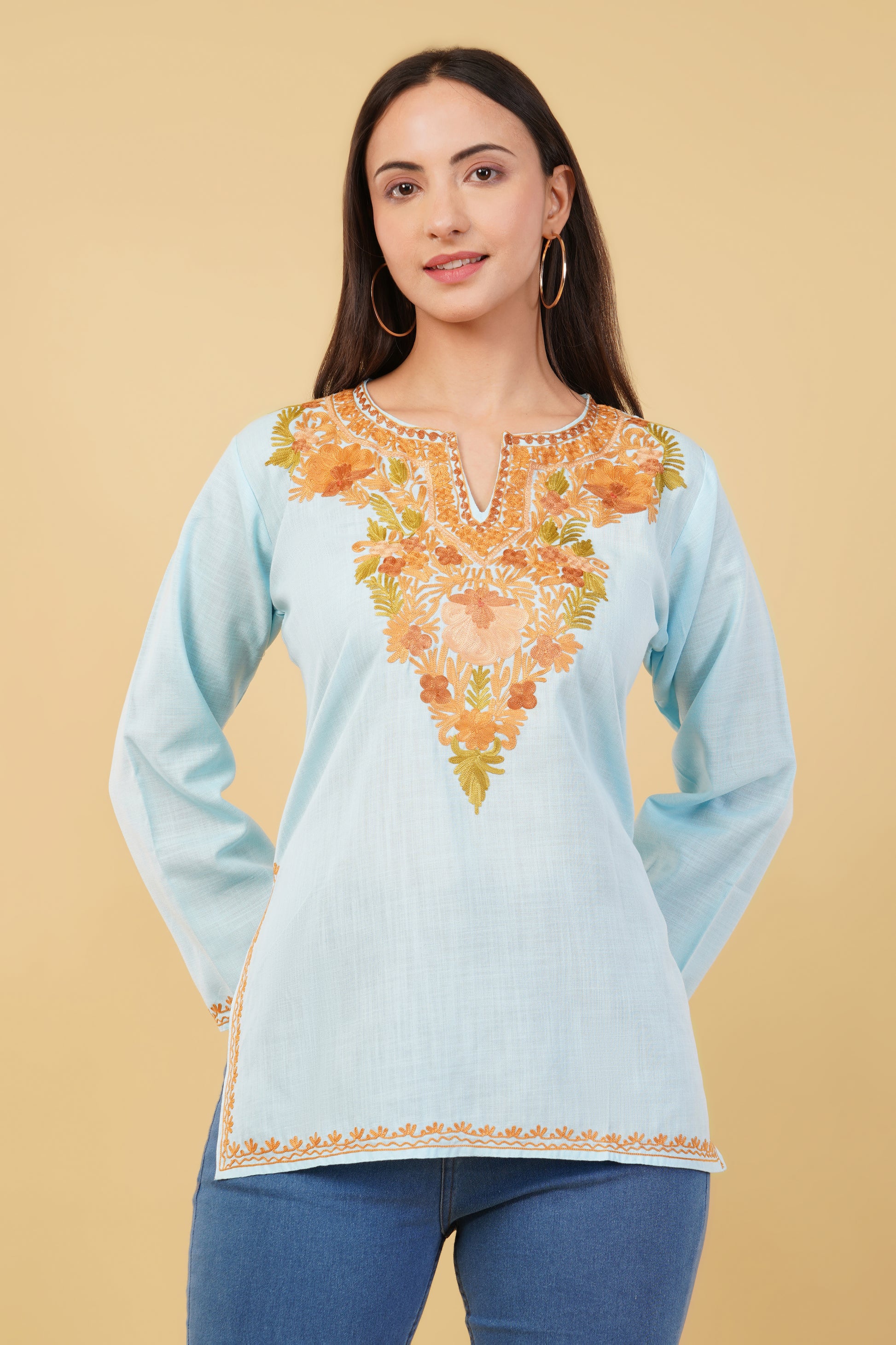 Kashmiri Aari embroidery Cotton Short Kurti Size-36 (Sky Blue)