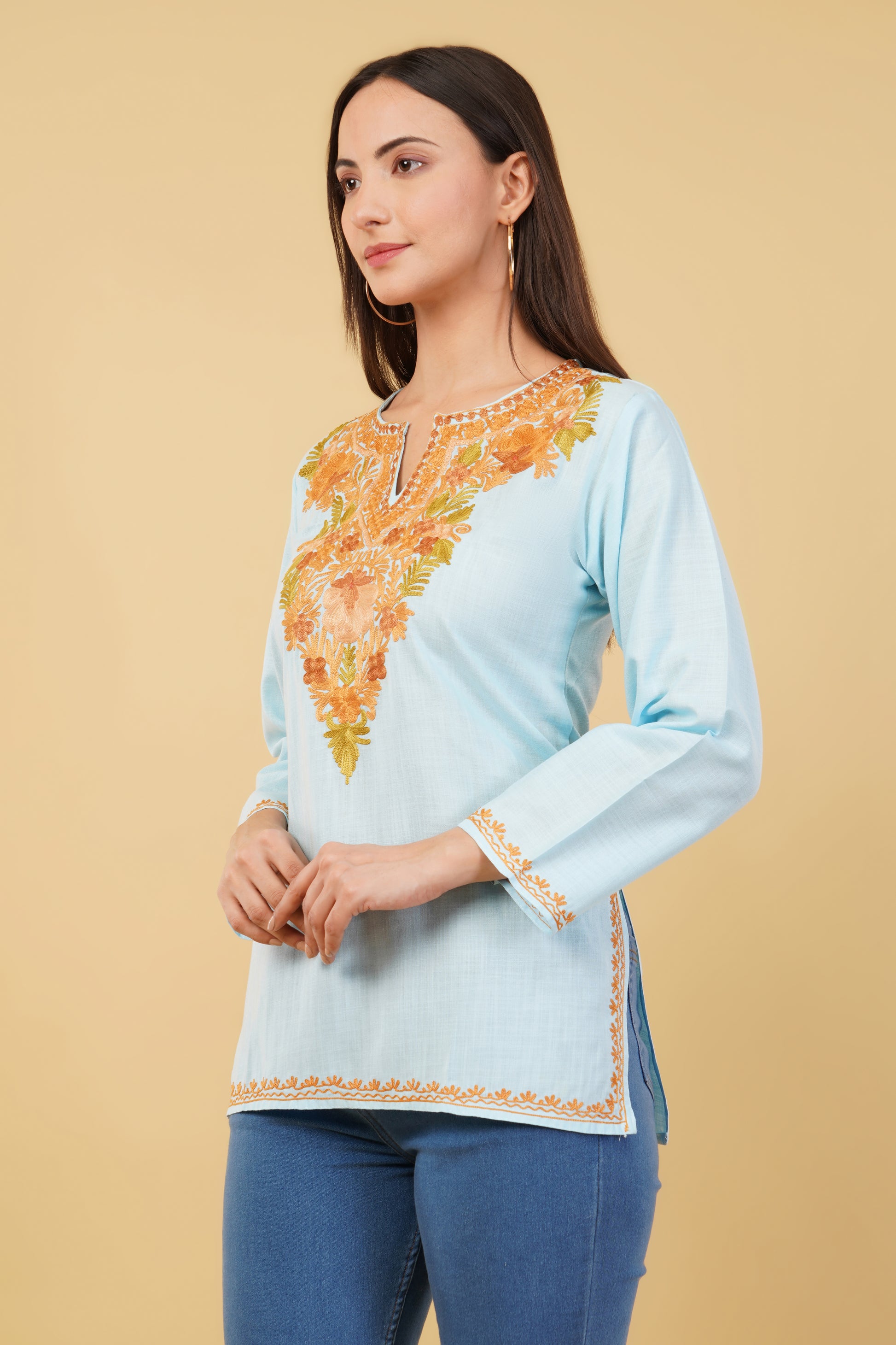 Kashmiri Aari embroidery Cotton Short Kurti Size-36 (Sky Blue)