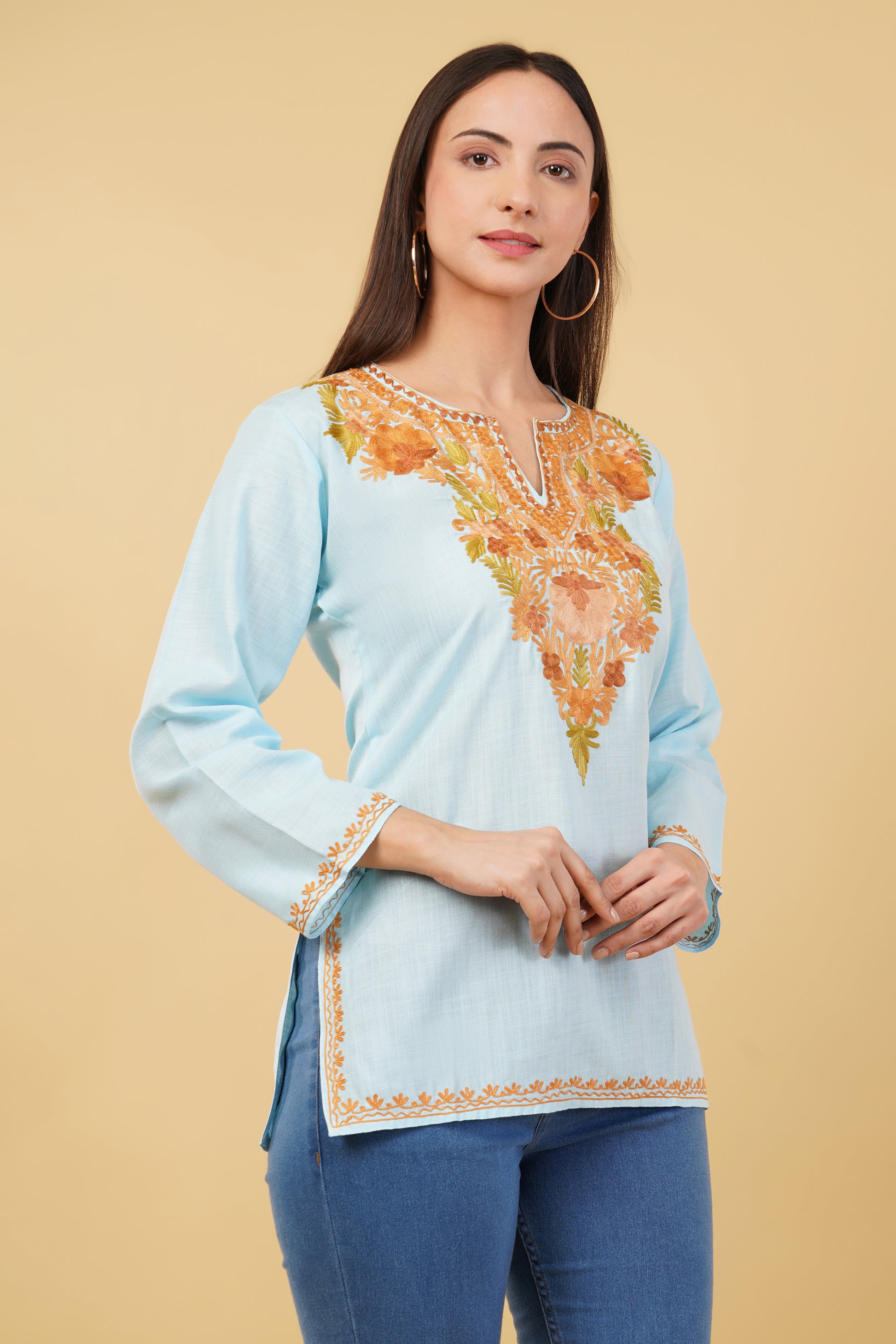 Kashmiri Aari embroidery Cotton Short Kurti Size-36 (Sky Blue)