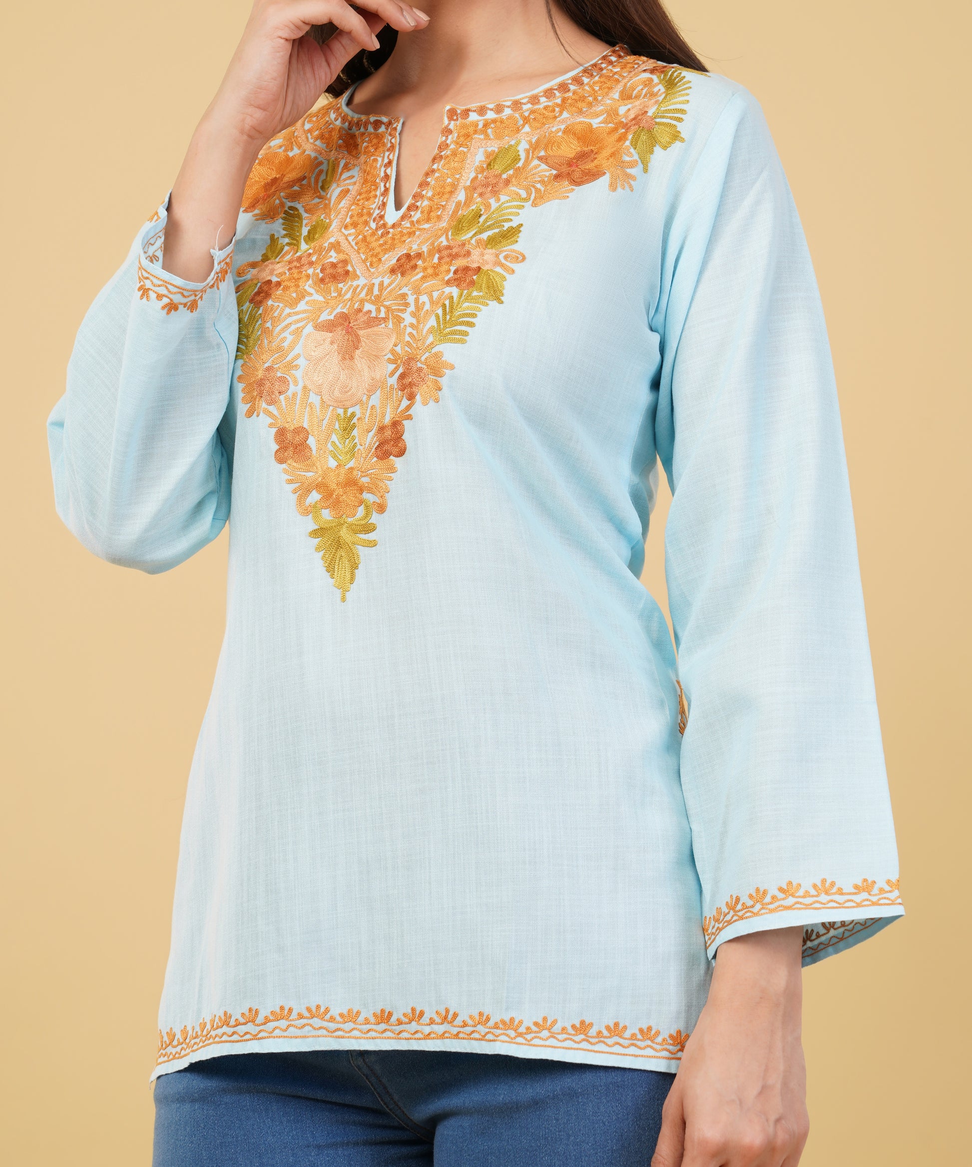 Kashmiri Aari embroidery Cotton Short Kurti Size-36 (Sky Blue)