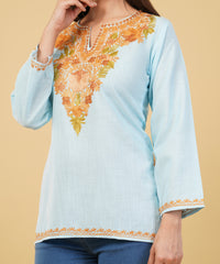 Kashmiri Aari embroidery Cotton Short Kurti Size-36 (Sky Blue)