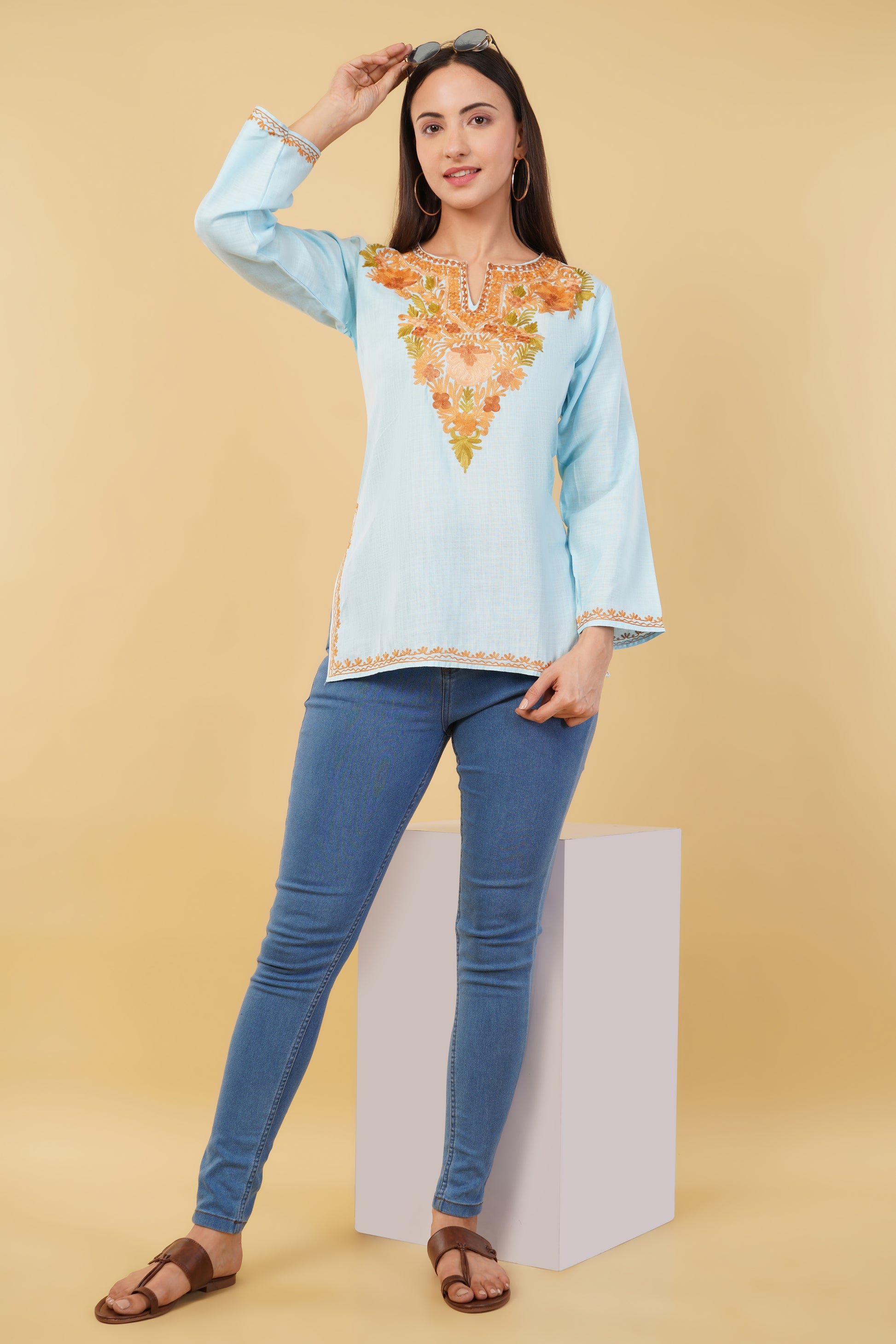 Kashmiri Aari embroidery Cotton Short Kurti Size-36 (Sky Blue)
