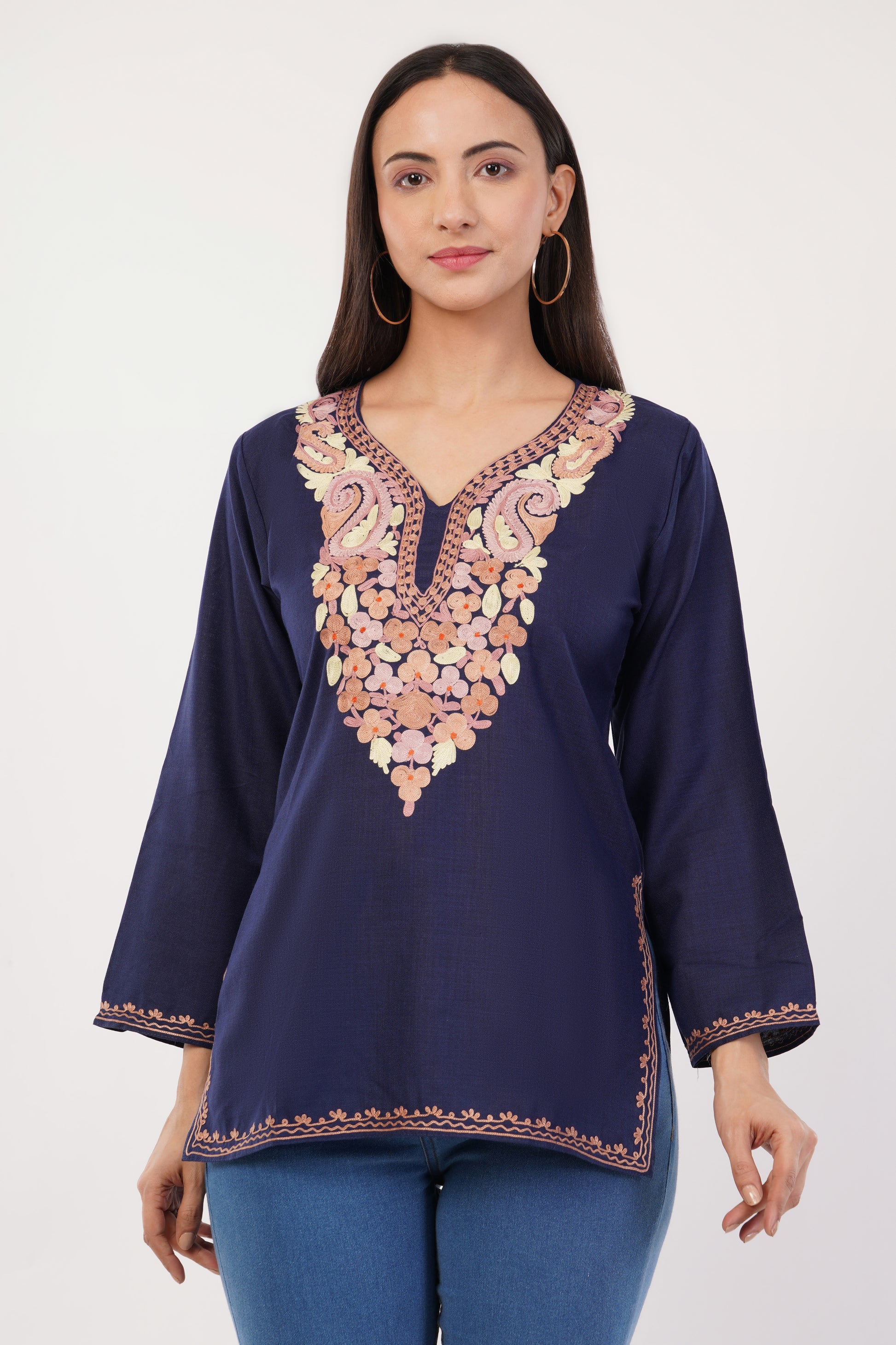 Kashmiri Aari embroidery Cotton Short Kurti Size-36 (navy Blue)
