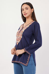Kashmiri Aari embroidery Cotton Short Kurti Size-36 (navy Blue)