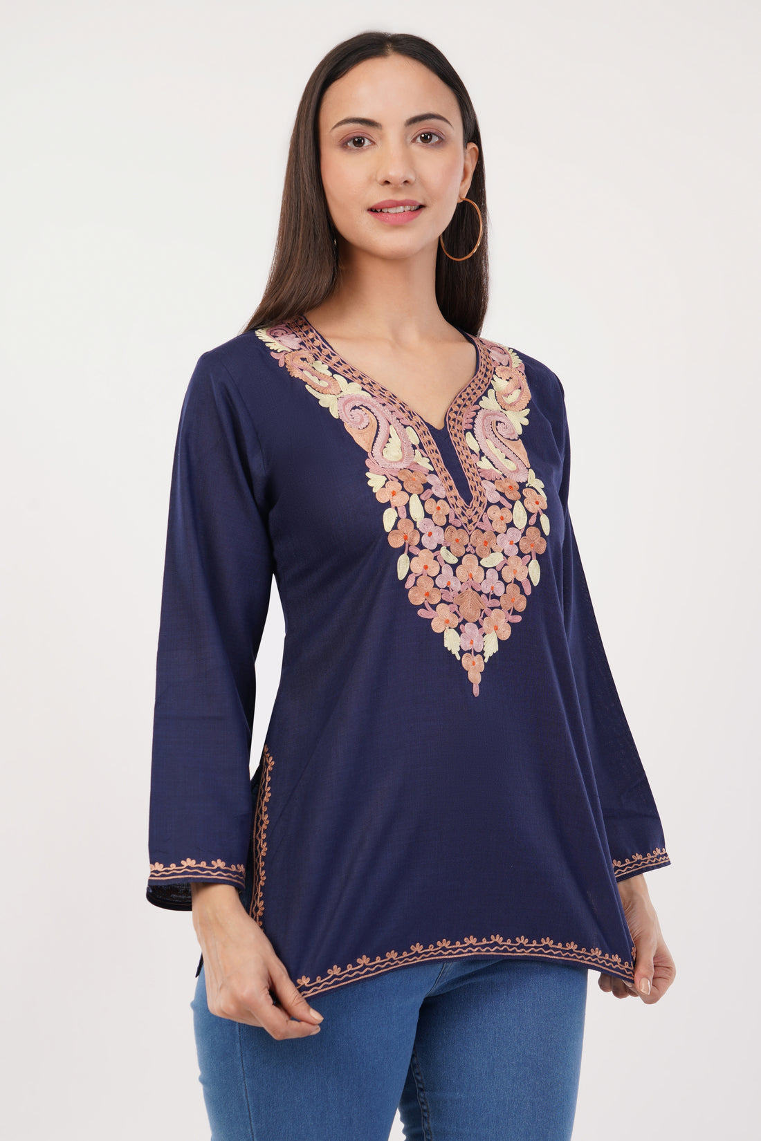 Kashmiri Aari embroidery Cotton Short Kurti Size-36 (navy Blue)