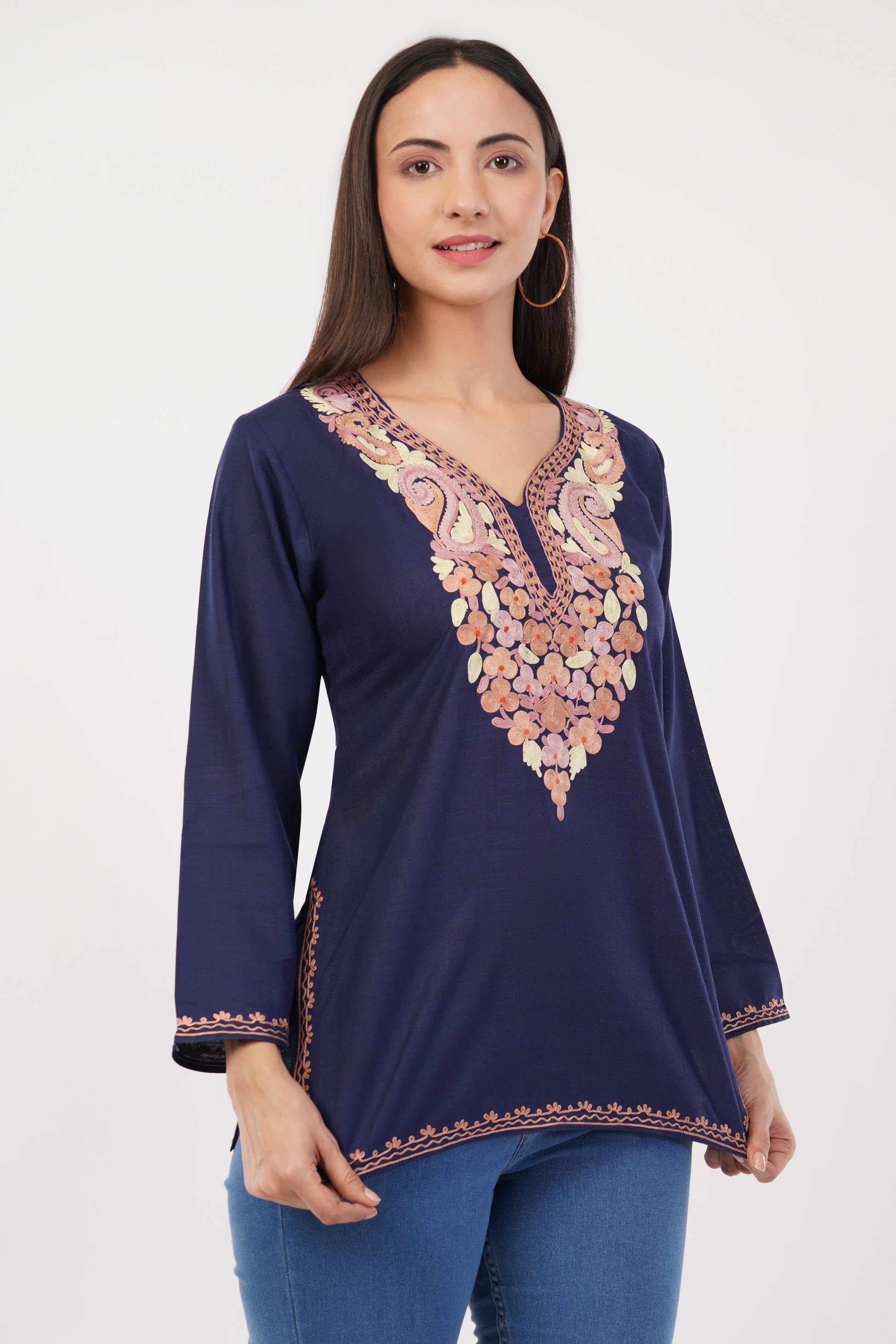 Kashmiri Aari embroidery Cotton Short Kurti Size-36 (navy Blue)