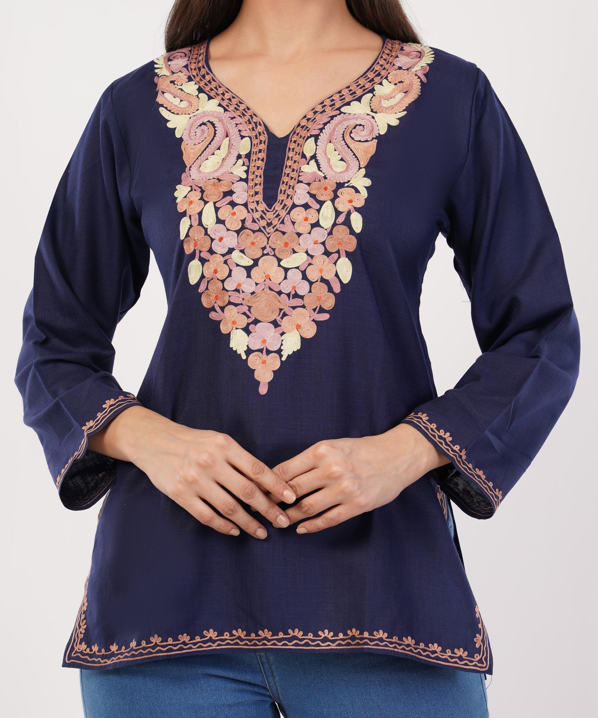 Kashmiri Aari embroidery Cotton Short Kurti Size-36 (navy Blue)