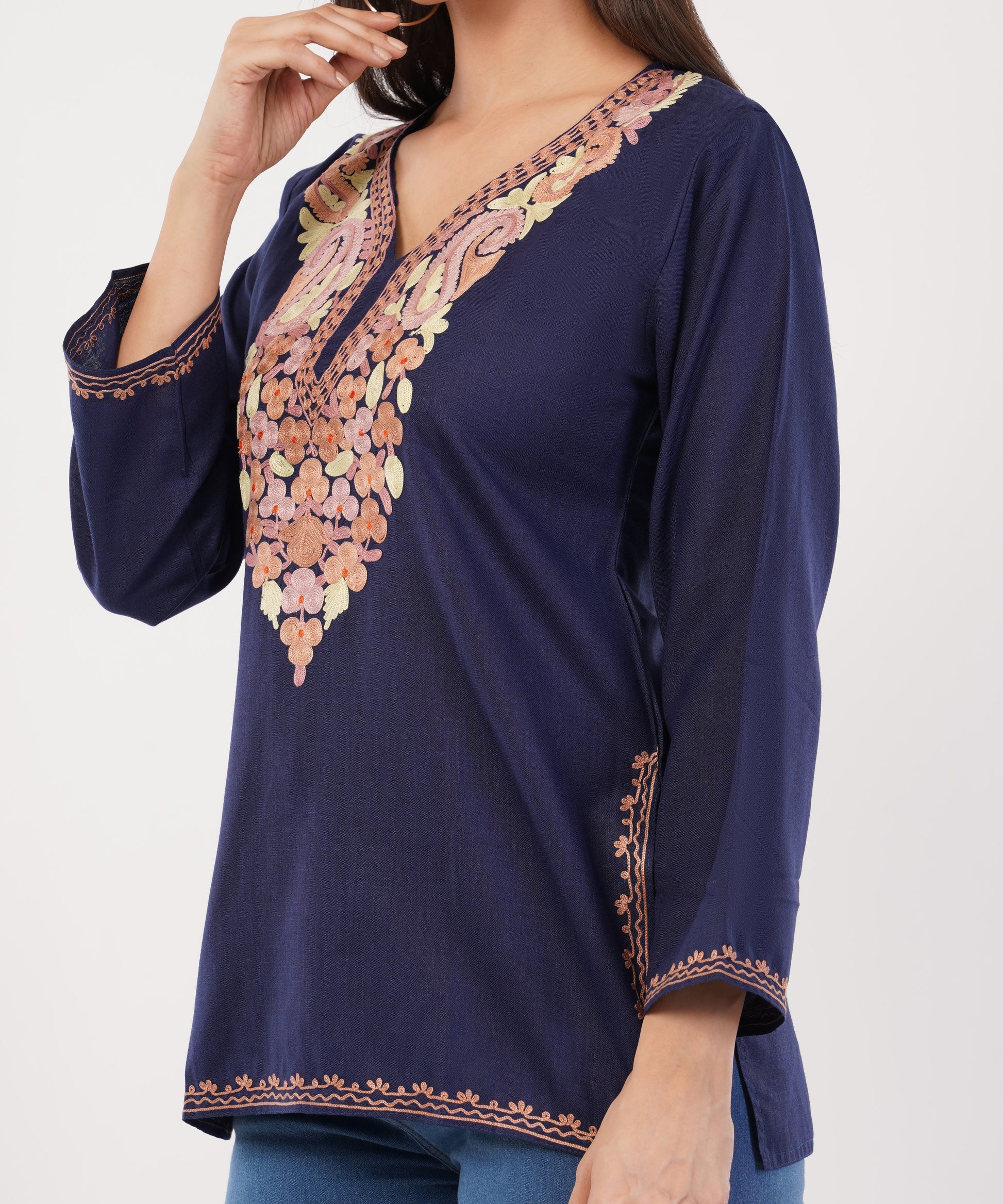 Kashmiri Aari embroidery Cotton Short Kurti Size-36 (navy Blue)