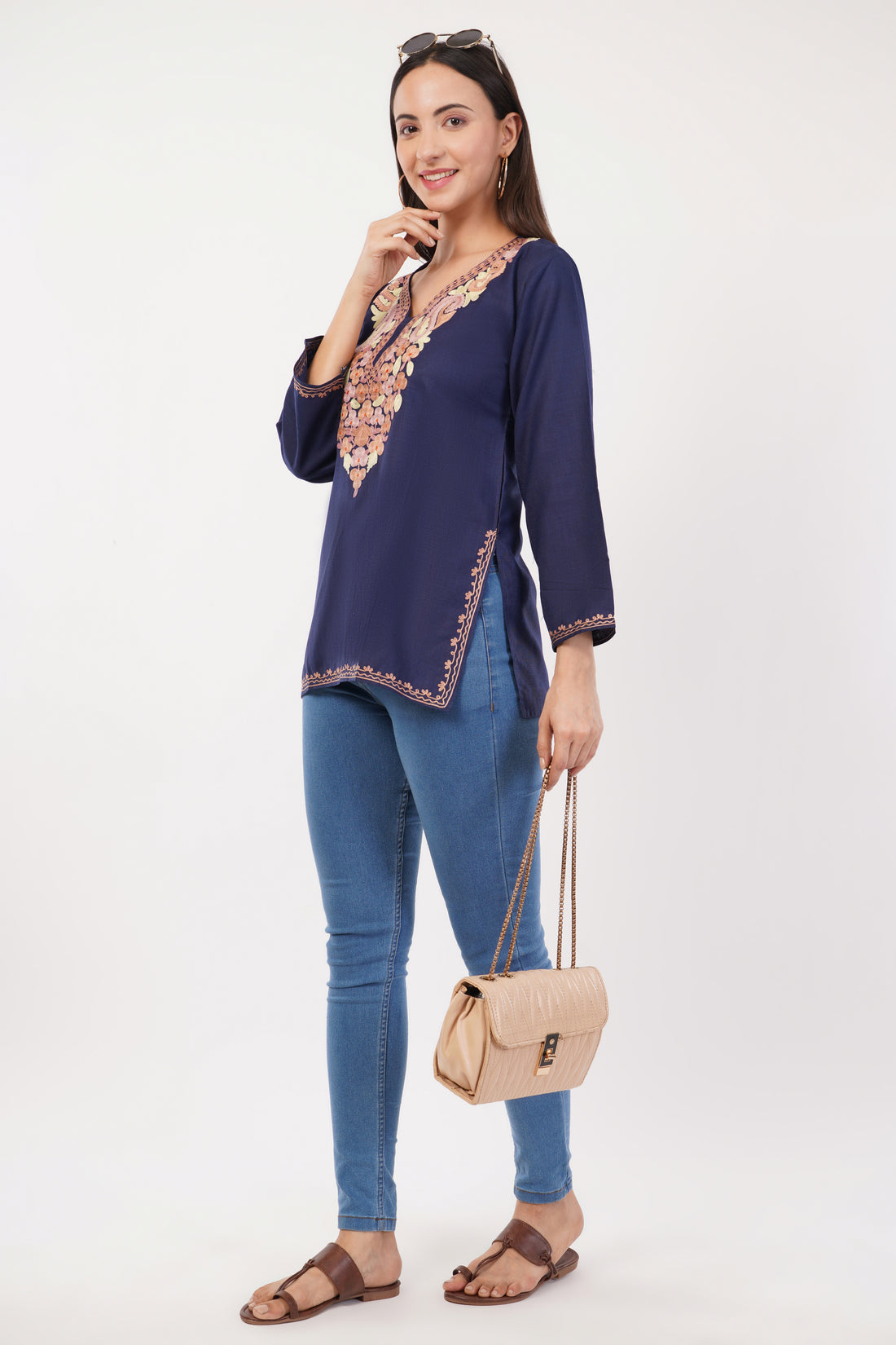 Kashmiri Aari embroidery Cotton Short Kurti Size-36 (navy Blue)