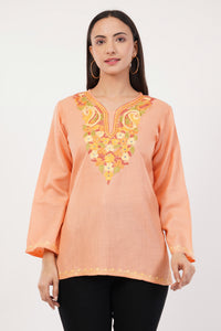 Kashmiri Aari embroidery Cotton Short Kurti Size-36 (Peach)