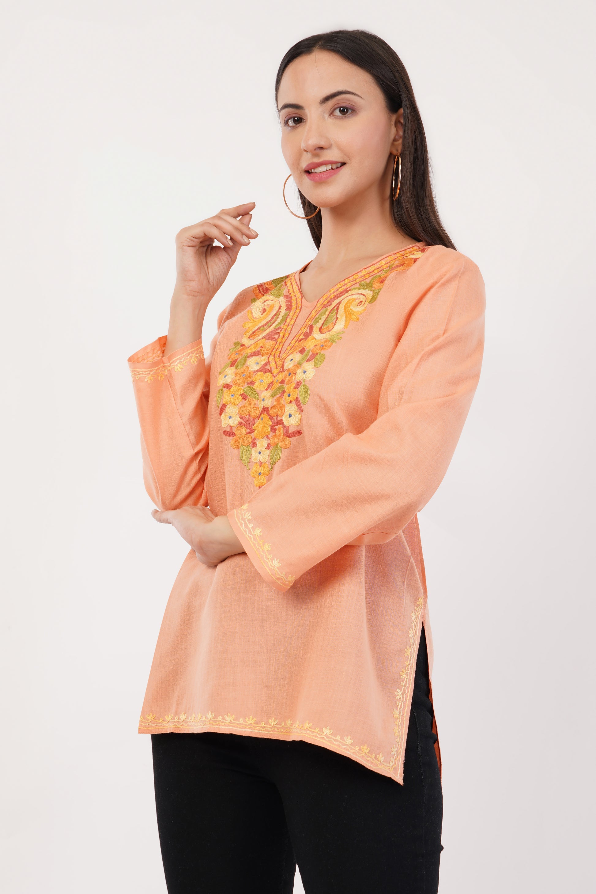 Kashmiri Aari embroidery Cotton Short Kurti Size-36 (Peach)