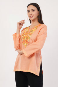 Kashmiri Aari embroidery Cotton Short Kurti Size-36 (Peach)