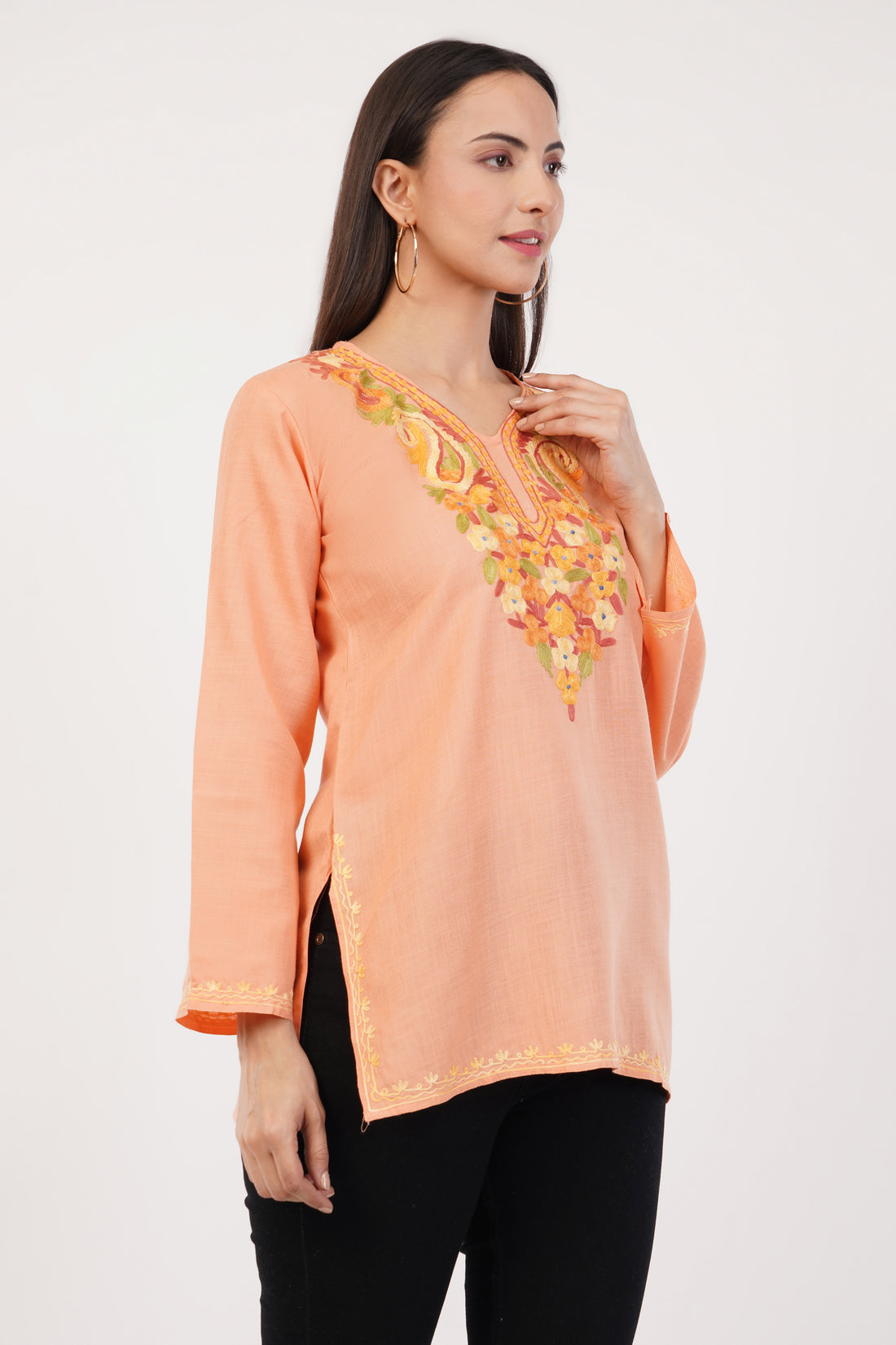 Kashmiri Aari embroidery Cotton Short Kurti Size-36 (Peach)