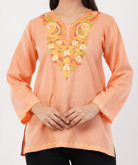 Kashmiri Aari embroidery Cotton Short Kurti Size-36 (Peach)