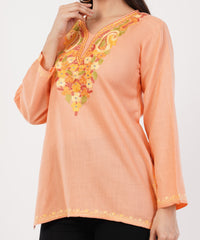 Kashmiri Aari embroidery Cotton Short Kurti Size-36 (Peach)