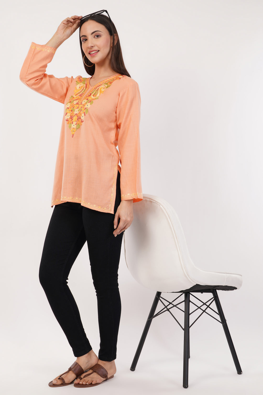Kashmiri Aari embroidery Cotton Short Kurti Size-36 (Peach)