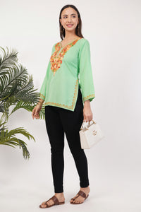 Kashmiri Aari embroidery Cotton Short Kurti Size-36 (Green)