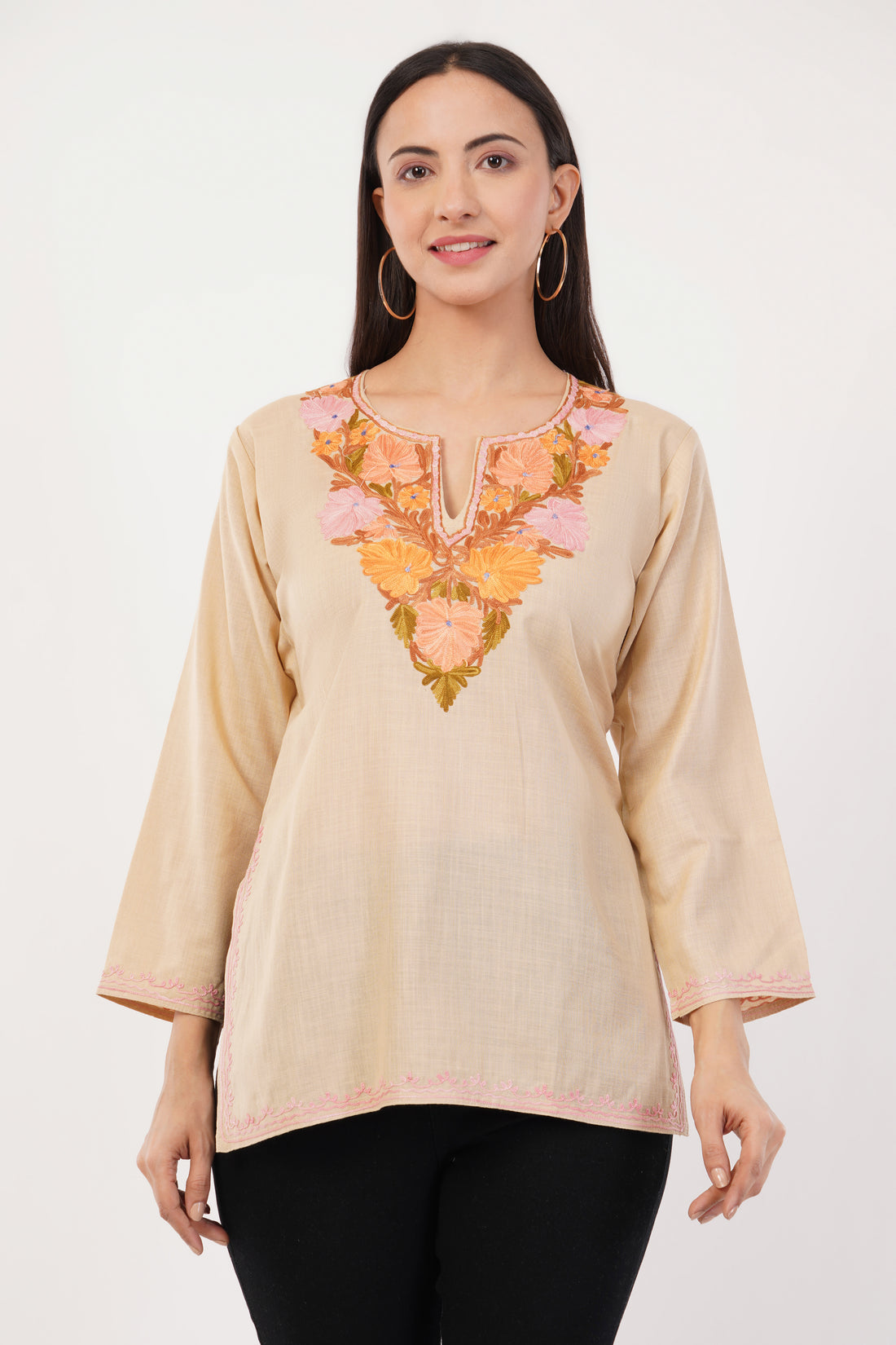 Kashmiri Aari embroidery Cotton Short Kurti Size-36 (Beige)