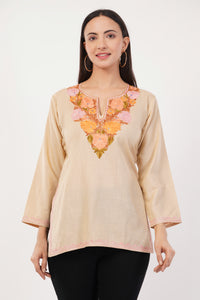 Kashmiri Aari embroidery Cotton Short Kurti Size-36 (Beige)