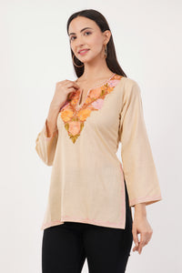 Kashmiri Aari embroidery Cotton Short Kurti Size-36 (Beige)