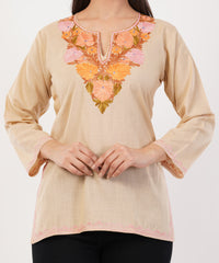 Kashmiri Aari embroidery Cotton Short Kurti Size-36 (Beige)