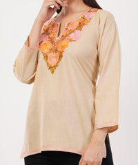 Kashmiri Aari embroidery Cotton Short Kurti Size-36 (Beige)