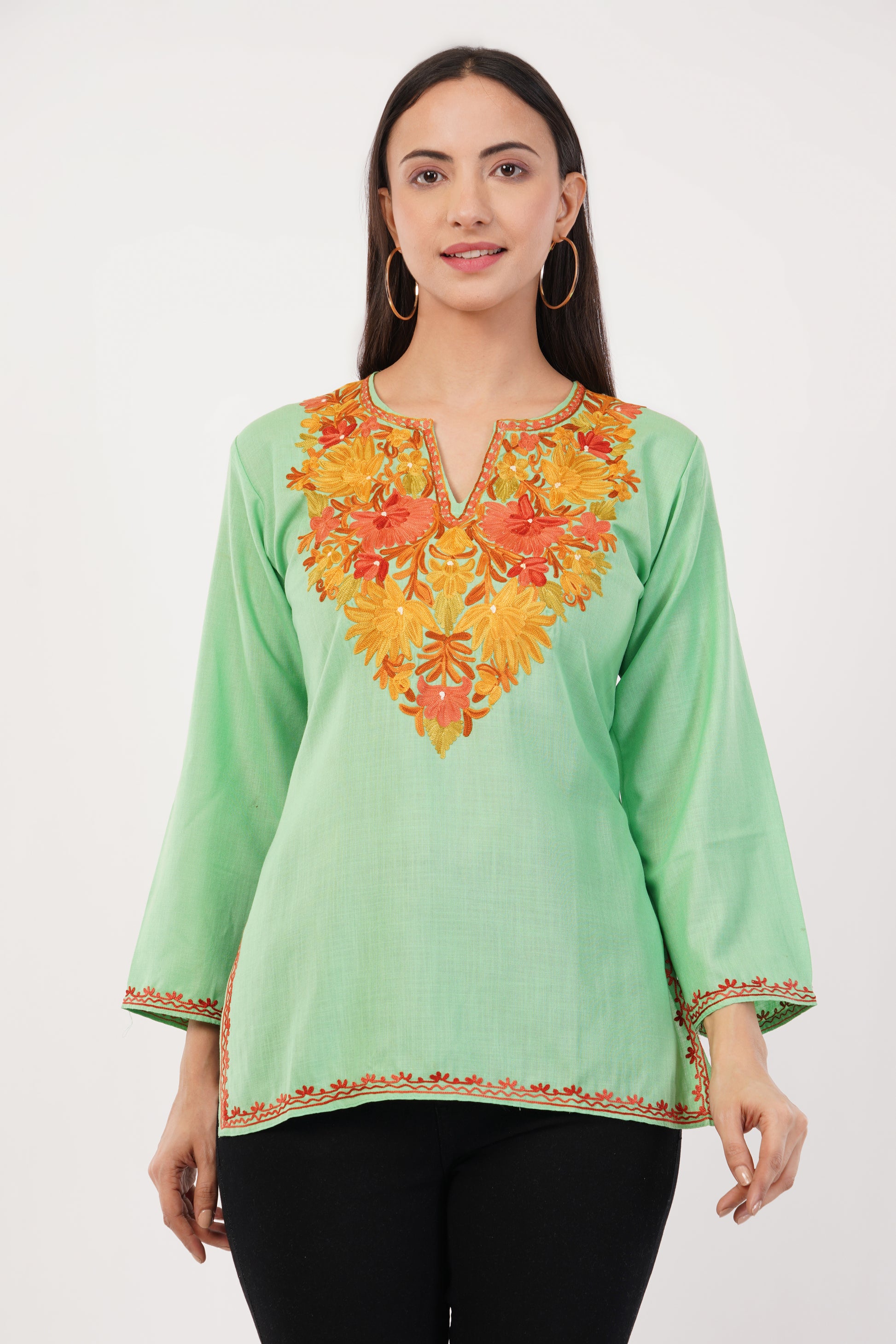 Kashmiri Aari embroidery Cotton Short Kurti Size-36 (Green)