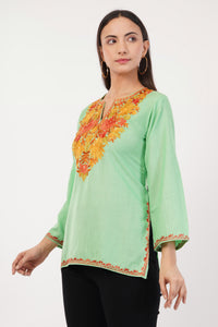 Kashmiri Aari embroidery Cotton Short Kurti Size-36 (Green)