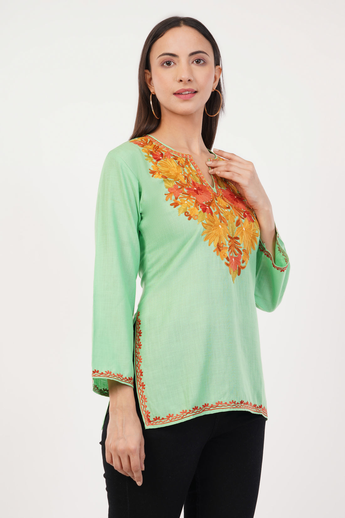 Kashmiri Aari embroidery Cotton Short Kurti Size-36 (Green)