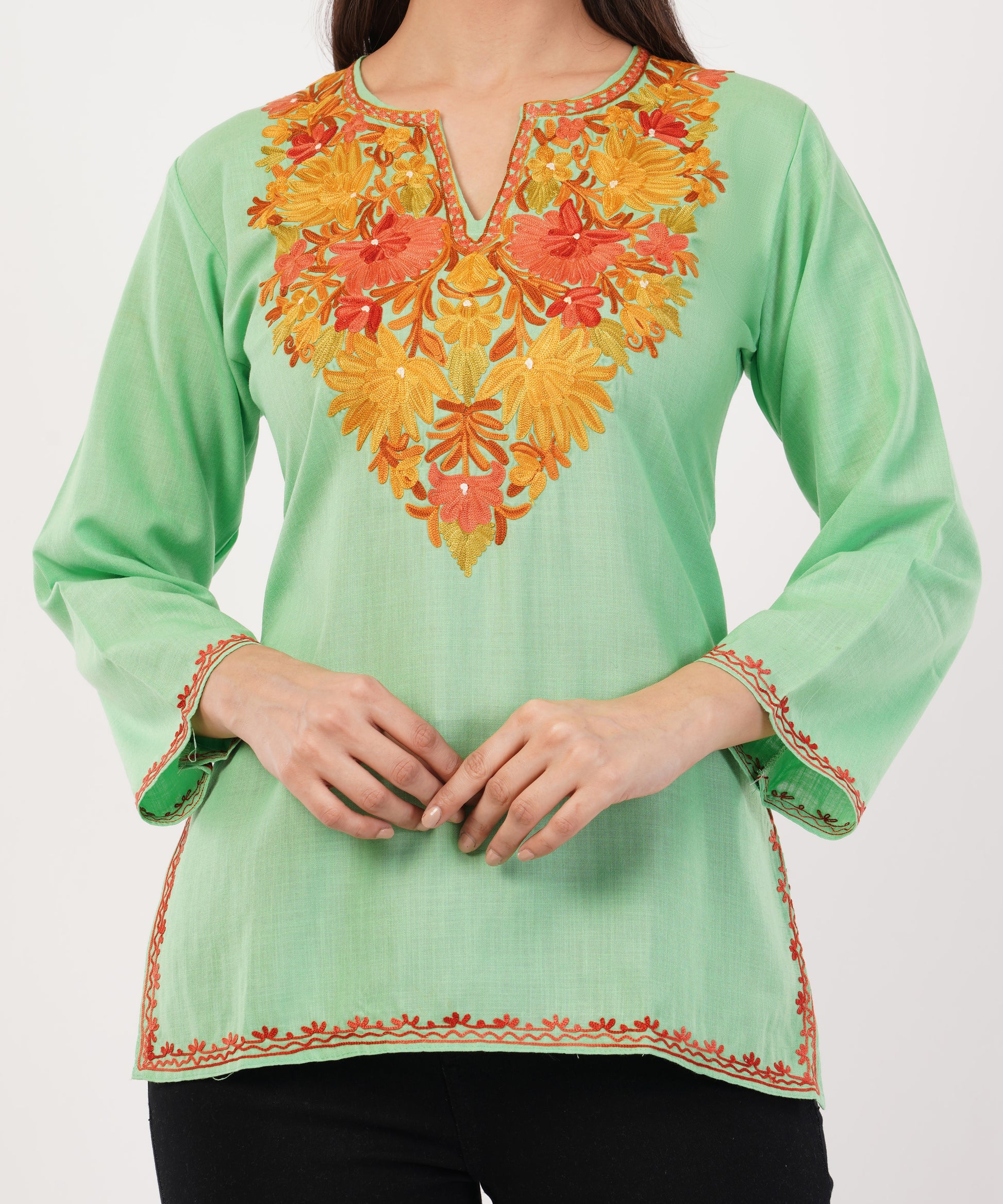 Kashmiri Aari embroidery Cotton Short Kurti Size-36 (Green)