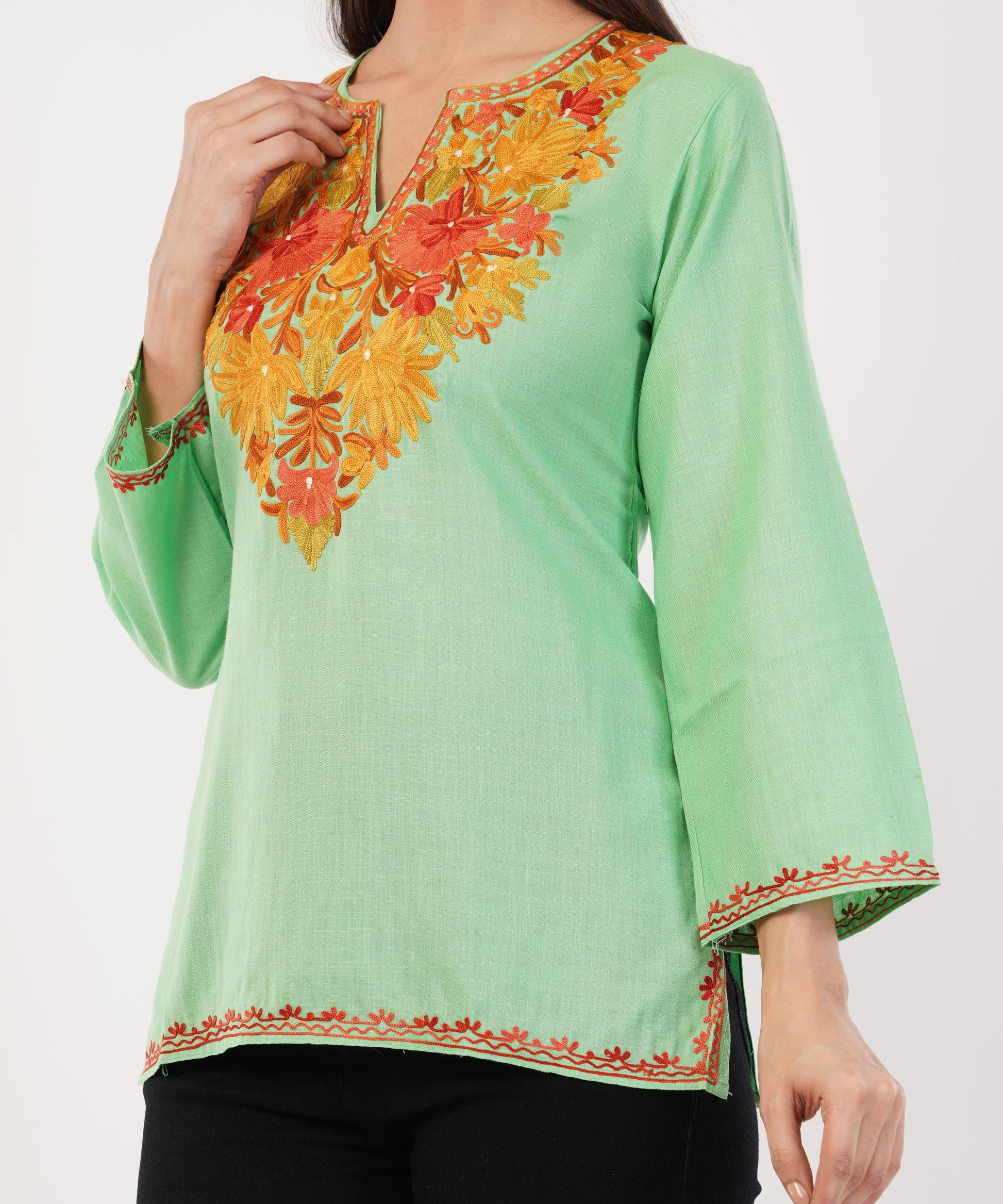 Kashmiri Aari embroidery Cotton Short Kurti Size-36 (Green)