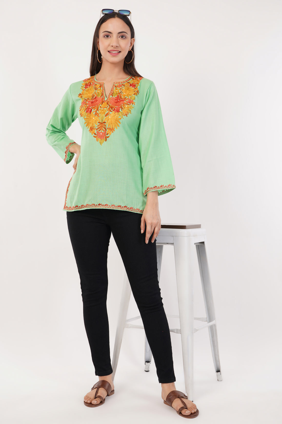 Kashmiri Aari embroidery Cotton Short Kurti Size-36 (Green)