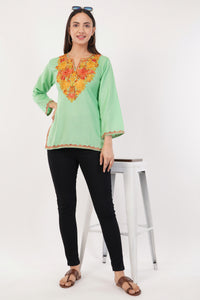 Kashmiri Aari embroidery Cotton Short Kurti Size-36 (Green)