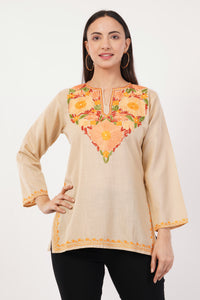 Kashmiri Aari embroidery Cotton Short Kurti Size-36 (Beige)