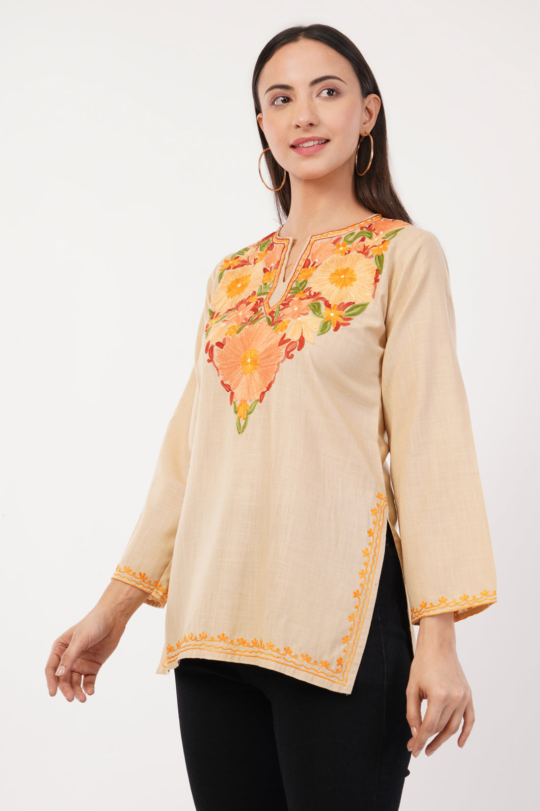 Kashmiri Aari embroidery Cotton Short Kurti Size-36 (Beige)