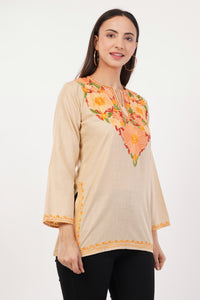 Kashmiri Aari embroidery Cotton Short Kurti Size-36 (Beige)