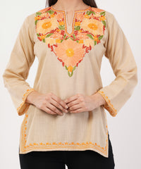 Kashmiri Aari embroidery Cotton Short Kurti Size-36 (Beige)