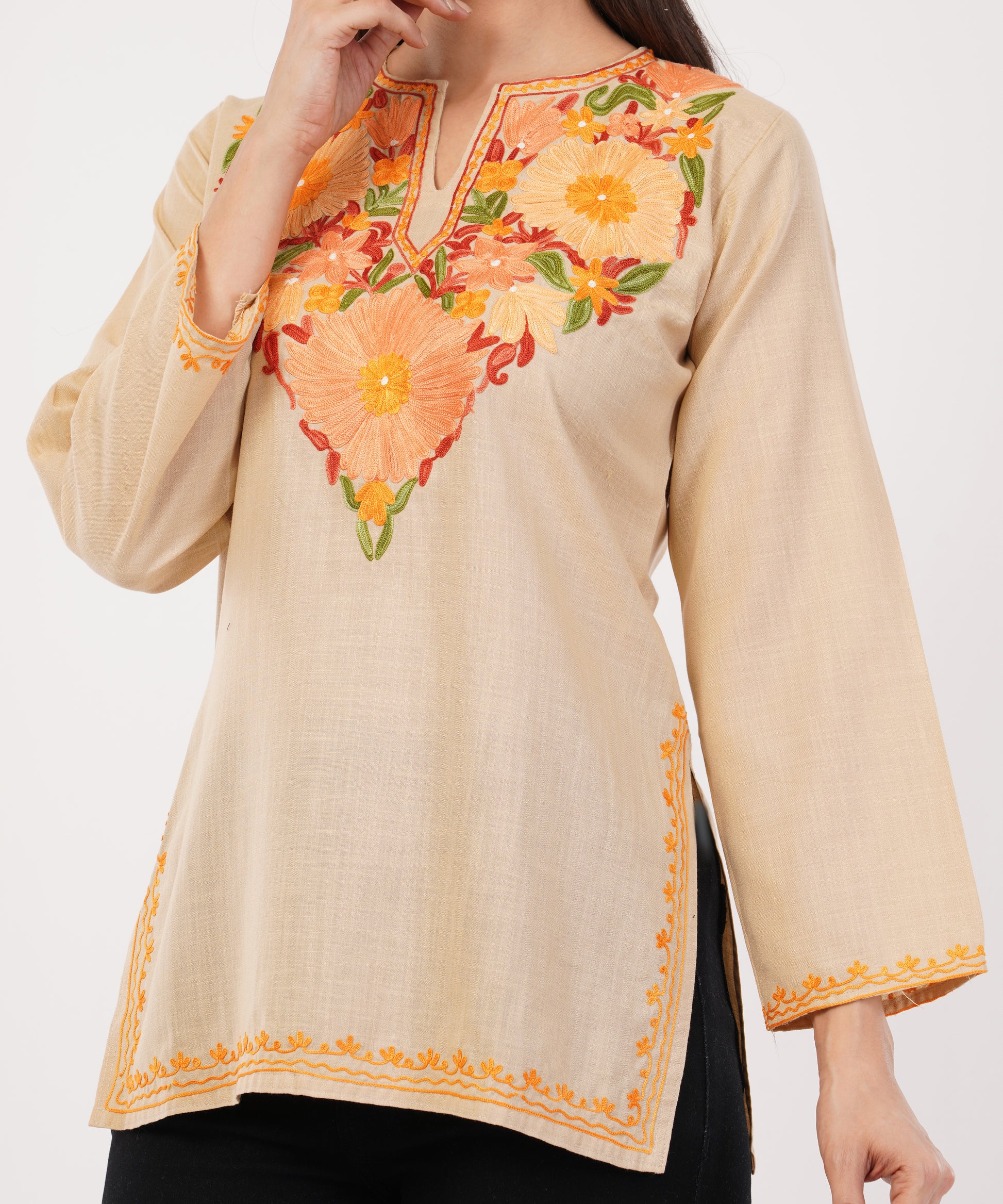 Kashmiri Aari embroidery Cotton Short Kurti Size-36 (Beige)