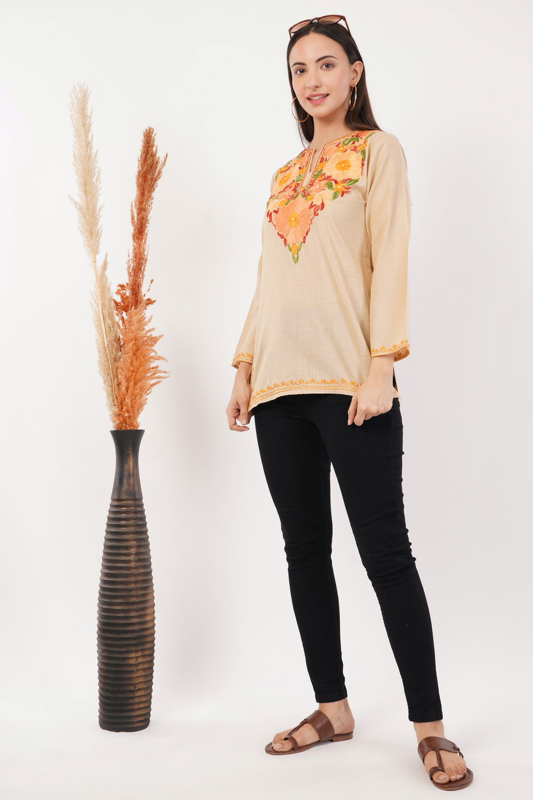 Kashmiri Aari embroidery Cotton Short Kurti Size-36 (Beige)