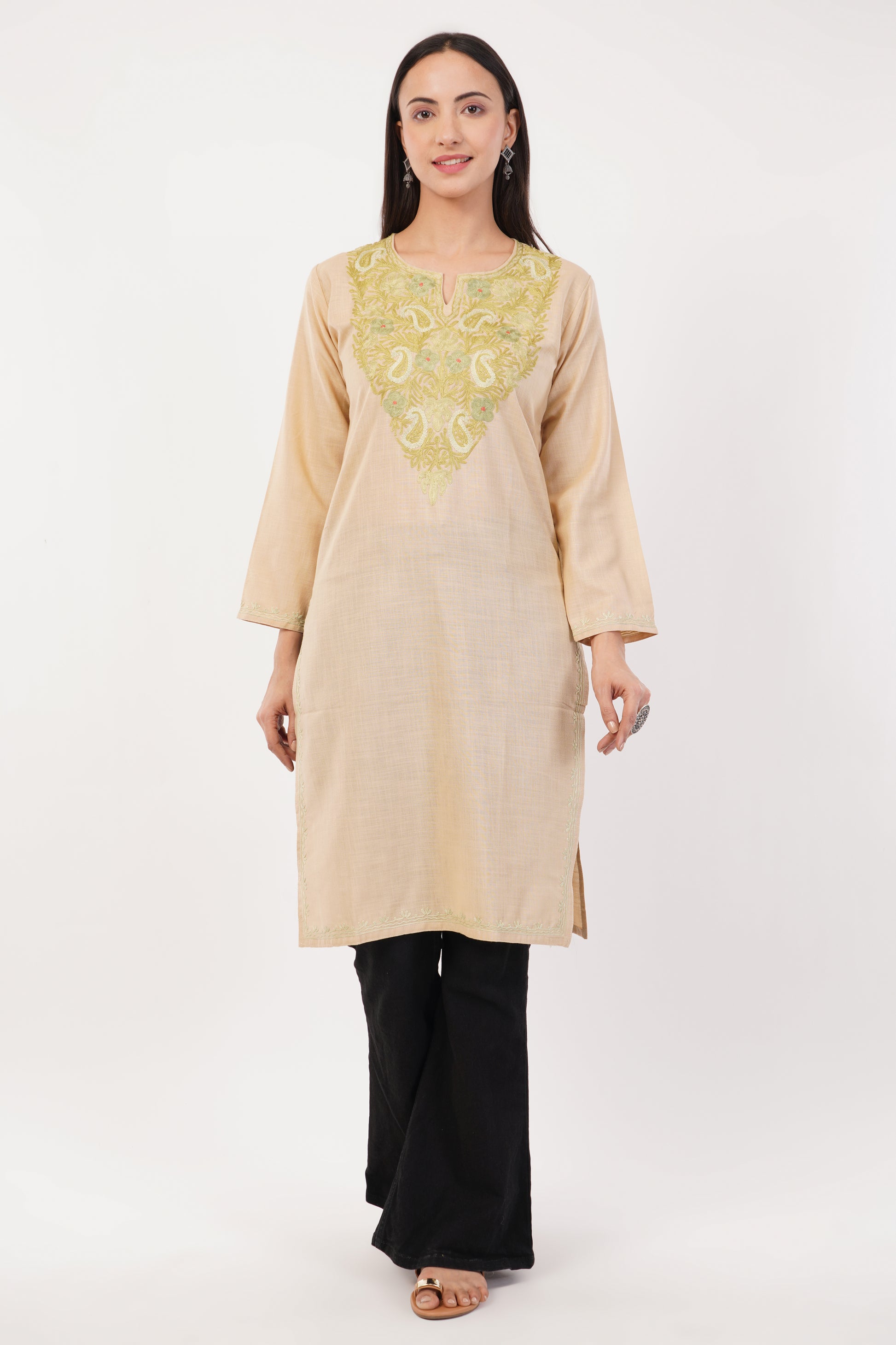 Kashmiri Aari embroidery Cotton Long Kurti Size-36 (Beige)