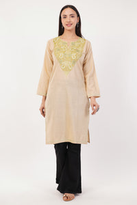 Kashmiri Aari embroidery Cotton Long Kurti Size-36 (Beige)