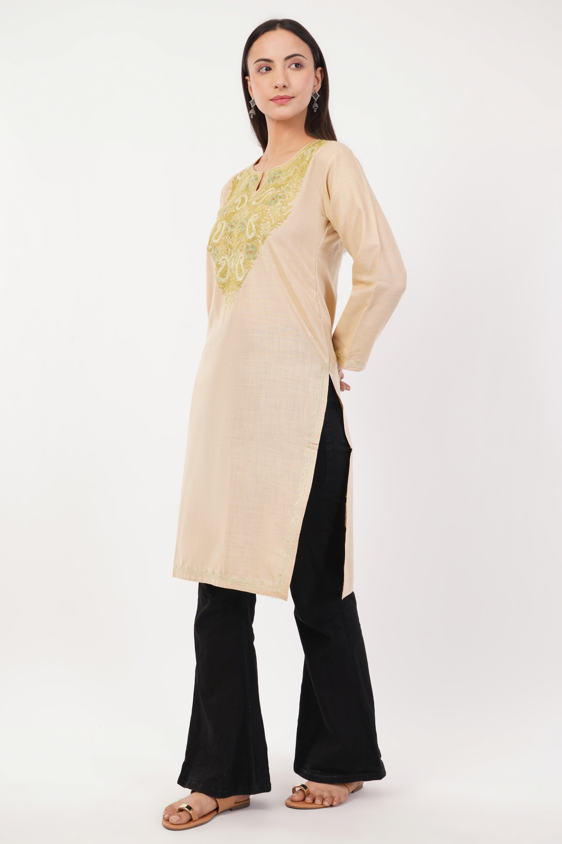 Kashmiri Aari embroidery Cotton Long Kurti Size-36 (Beige)