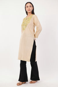 Kashmiri Aari embroidery Cotton Long Kurti Size-36 (Beige)