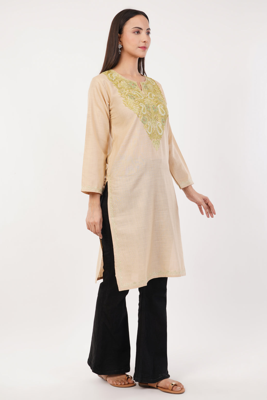 Kashmiri Aari embroidery Cotton Long Kurti Size-36 (Beige)
